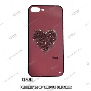 Силикон-стекло с рисунком для iPhone 7G/8G Plus Сердце в стразах розовый