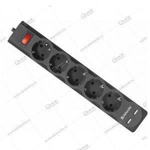 Сетевой фильтр Defender DFS751, 5 розеток, 2xUSB, 2.1A, ПВС 3*1,0 мм2, 2200Вт, 10А, 1.8м, черный