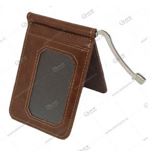 Зажим для денег №101 (кожзам, карман для монет, карман под карту) на магните коричневый