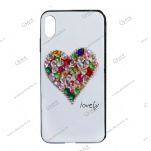 Силикон-стекло с рисунком для iPhone 6G/6S Сердце в стразах белый