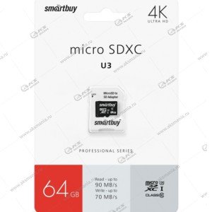 Карта памяти 64GB micro SDXC class 10 SmartBuy Advanced U3 V30 A1 (55/90 Mb/s) с адаптером SD