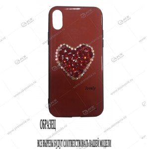 Силикон-стекло с рисунком для iPhone 6G/6S Сердце в стразах красный