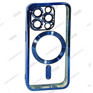 Силикон iPhone 15 Pro прозрачный Magesafe с голубым кантом