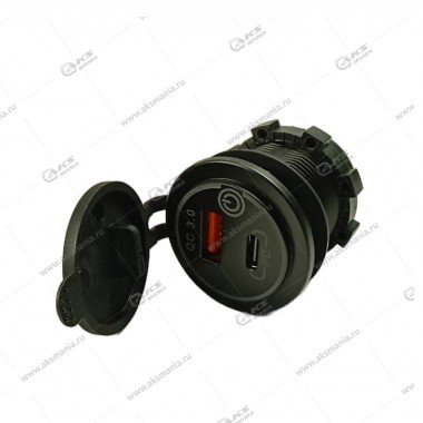 Гнездо прикуривателя (врезное)12V-24V 1USB QC3.0+PD30W+(вкл/выкл) AC09 (круглый)