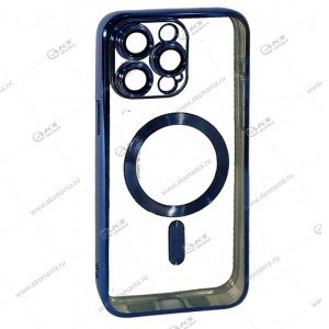 Силикон iPhone 15 Pro Max прозрачный Magesafe с синим кантом