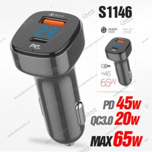 АЗУ Deespi ES28 65Вт 1USB QC3.0+PD45Вт с вольтметром черный