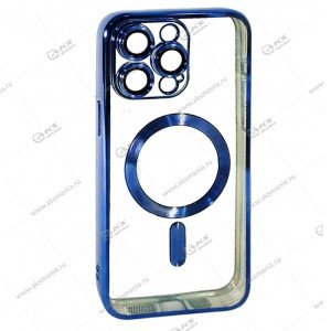 Силикон iPhone 15 Pro Max прозрачный Magesafe с голубым кантом