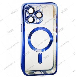 Силикон iPhone 14 Pro Max прозрачный Magesafe с голубым кантом