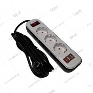 Сетевой фильтр HG-2523 3 розетки 3м + 2USB+PD 2500W черный с белым