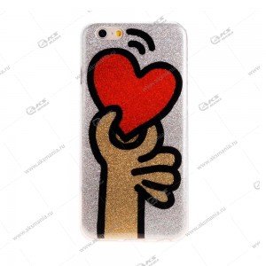 Силикон блестки  для iPhone 5G/5S/5SE сердце в руке серебро