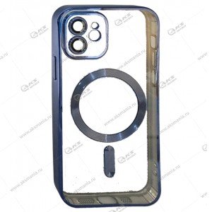 Силикон iPhone 12 прозрачный Magesafe с синим кантом