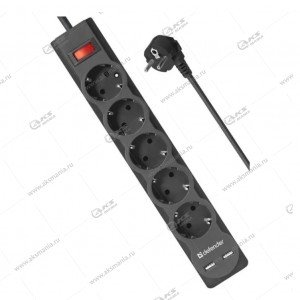 Сетевой фильтр Defender DFS753, 5 розеток, 2xUSB, 2.1A, ПВС 3*1,0 мм2, 2200Вт, 10А, 3м, черный