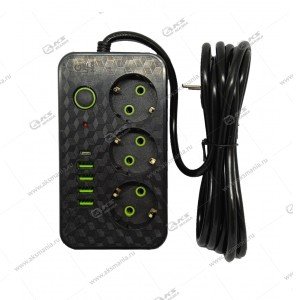 Сетевой фильтр HG-2503 3 розетки 3м + 4USB+PD черный