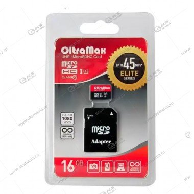Карта памяти Oltramax 16GB microSDHC Class 10 UHS-1 Elite с адаптером SD 45 MB/s
