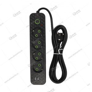 Сетевой фильтр HG-2604 4 розетки 3м + 2USB+PD черный