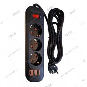 Сетевой фильтр HG-2523A 3 розетки 3м + 2USB+PD 2500W черный