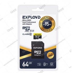 Карта памяти 64GB microSDXC Class 10 UHS-1 Premium (U3) Exployd с адаптером SD 95 MB/s