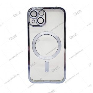 Силикон iPhone 14 прозрачный Magesafe с синим кантом
