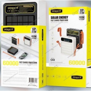 Power Bank Demaco C43 60000mAh PD20W 22.5W на солнечной батарее+фонарь черный