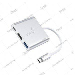 Переходник Hoco HB14 Easy use Type-C adapter (Type-C to USB3.0+HDMI+PD) серебро