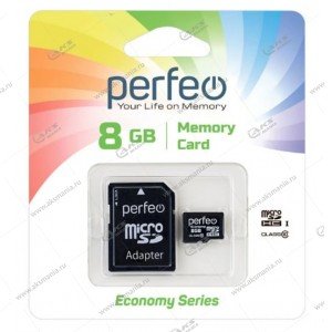 Карта памяти 8GB microSDHC class 10 Perfeo с адаптером SD