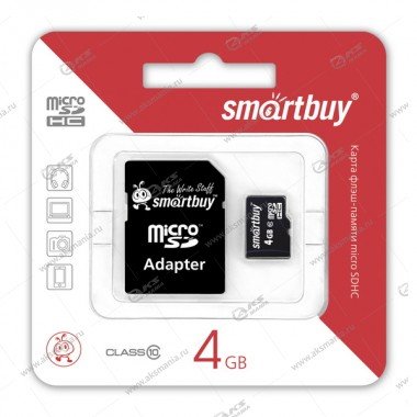 Карта памяти 4GB microSDHC class 10 SmartBuy с адаптером SD