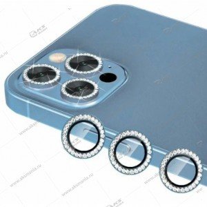 Стекло на камеру для iPhone 13 Pro/13 Pro max со стразами (комплект 3шт) голубой