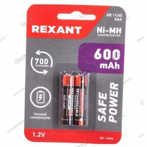 Аккумулятор Ni-MH AAA/HR03, 1,2В, 600mA, блистер 2шт REXANT 30-1406