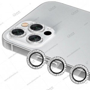 Стекло на камеру для iPhone 13 Pro/13 Pro max со стразами (комплект 3шт) серебро