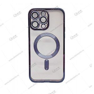 Силикон iPhone 14 Pro Max прозрачный Magesafe с синим кантом