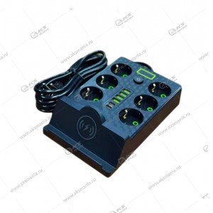 Сетевой фильтр HG-2502 6 розетки 3м + 4USB+2PD черный+беспроводная зарядка 2500W