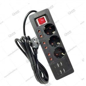 Сетевой фильтр HG-2507 6 розеток 3м + 4USB+2 PD 2500W черный
